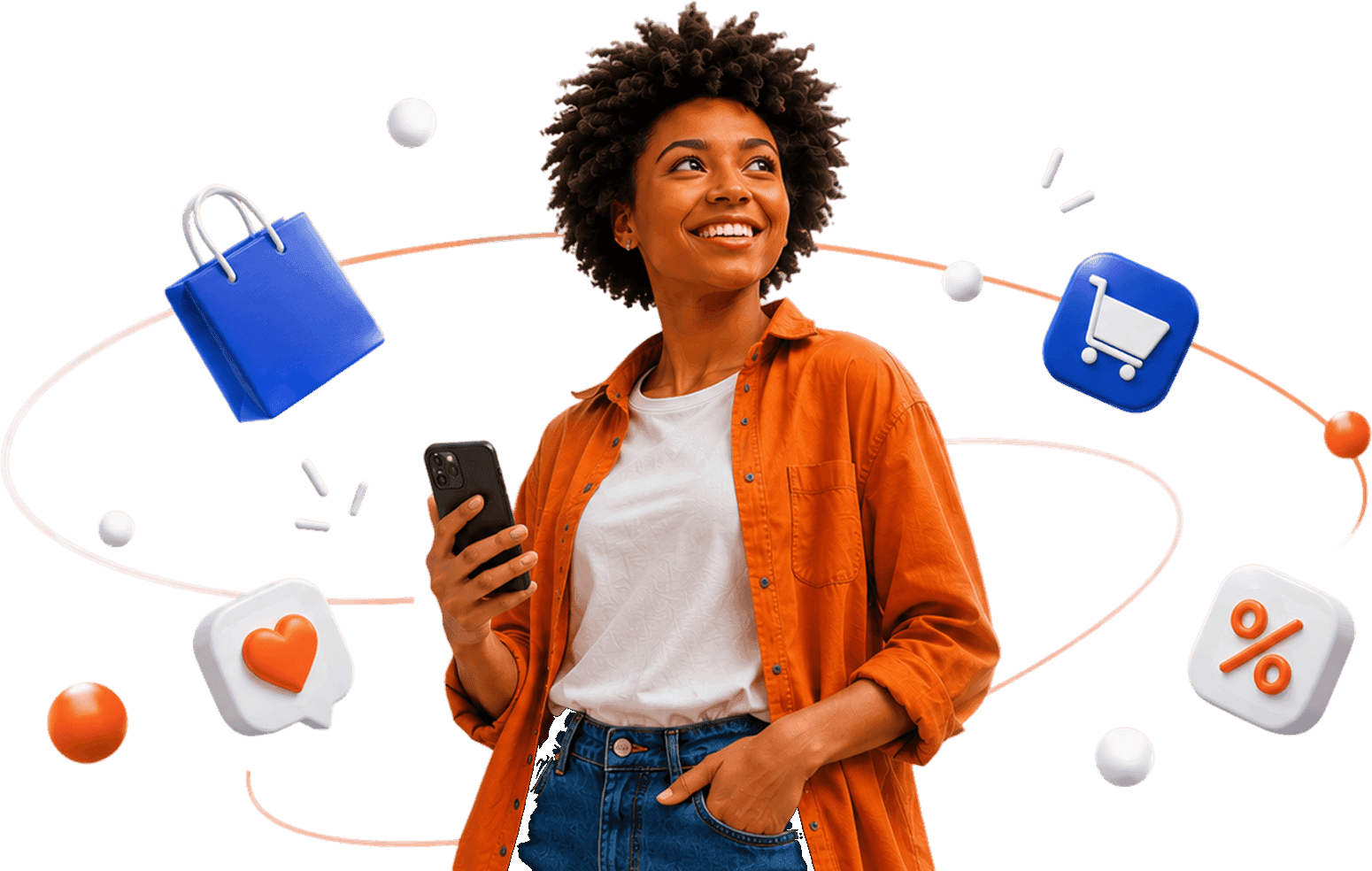 Young woman smiling holding a phone with floating 3D shopping icons